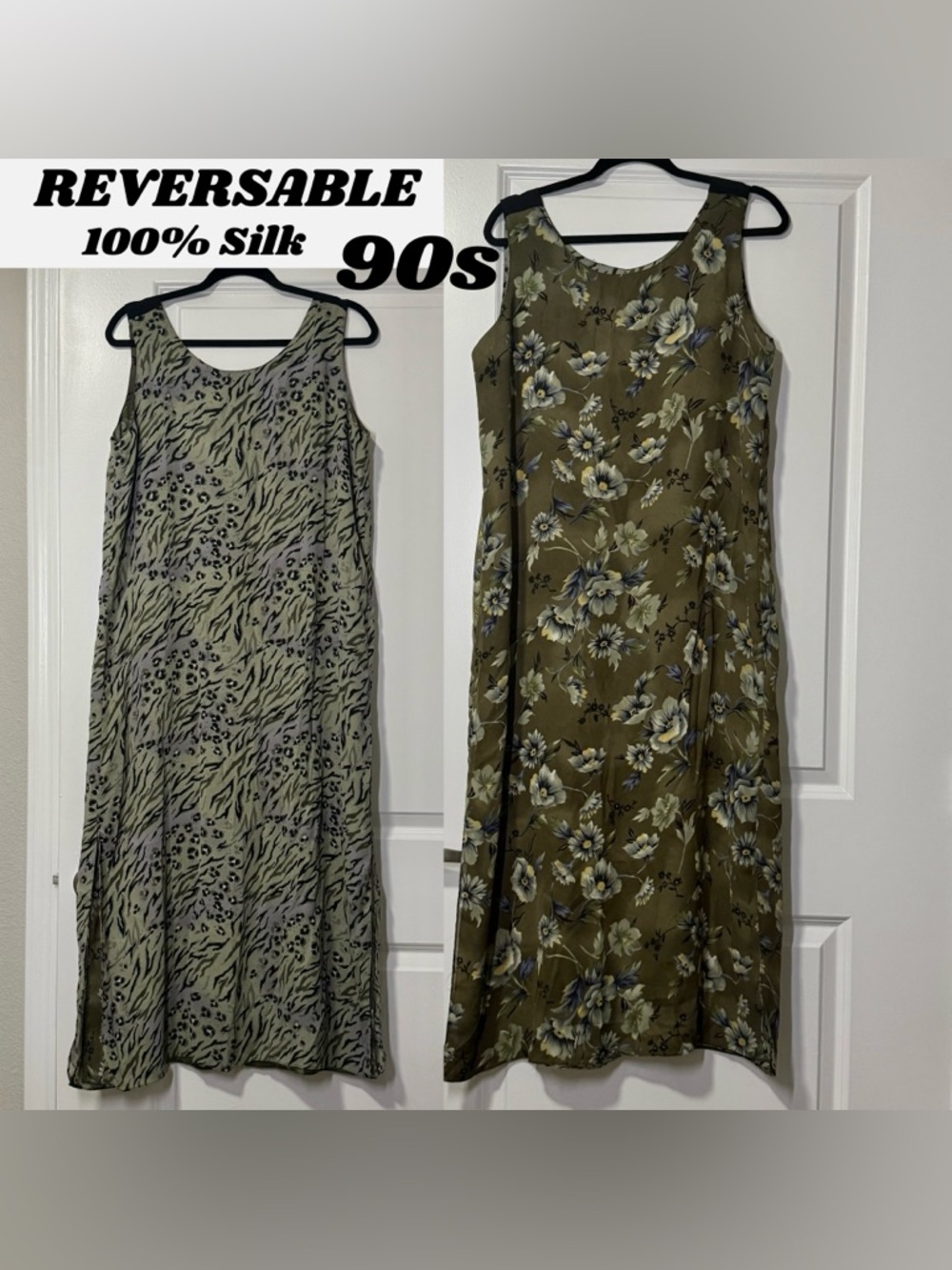 Vtg 90s SILK Reversible Maxi Dress | Forest Core Whimsigoth Fairy Grunge Olive L